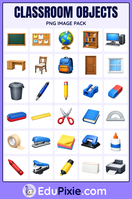 A grid of modern 3D classroom object illustrations on a light purple background, with the title "CLASSROOM OBJECTS" and "PNG IMAGE PACK" at the top. The illustrations include a chalkboard, bulletin board, globe, bookshelf, computer, desk, chair, backpack, door, window, bin, pen, pencil, sharpener, eraser, ruler, scissors, book, tape, glue, stapler, printer, and other classroom supplies.