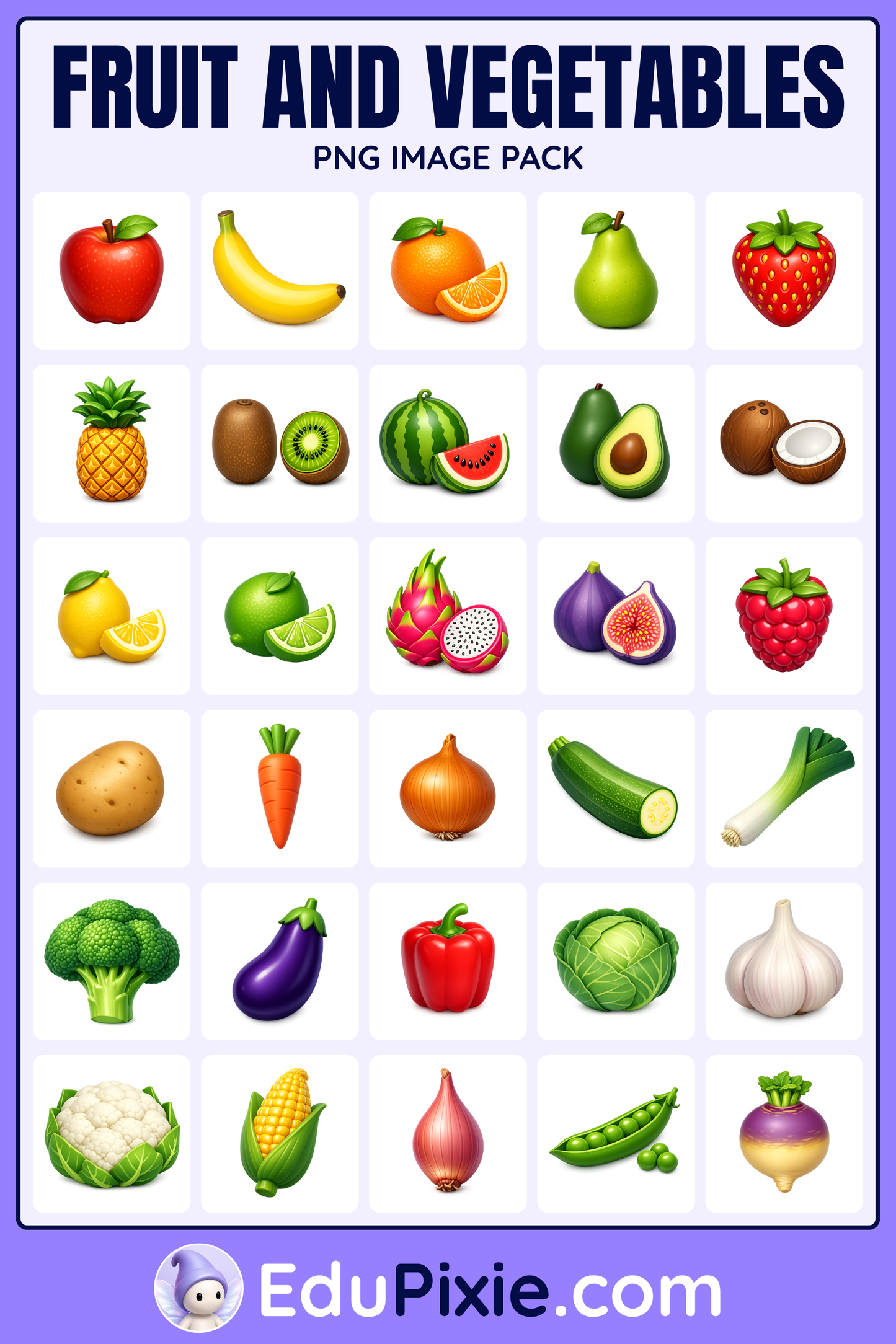 Fruit and vegetable clipart PNG image pack cover featuring modern 3D fruit and vegetable graphics on a light purple background.