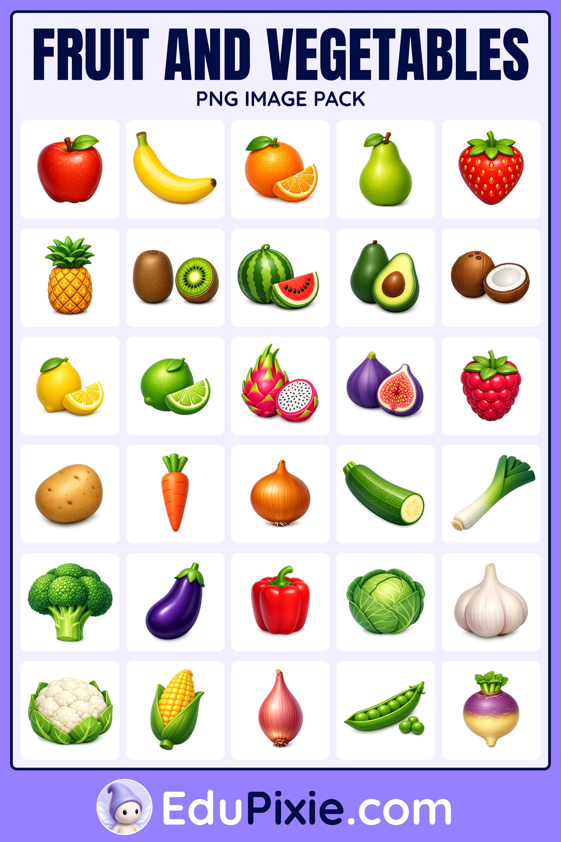 Fruit and vegetable clipart PNG image pack cover featuring modern 3D fruit and vegetable graphics on a light purple background.