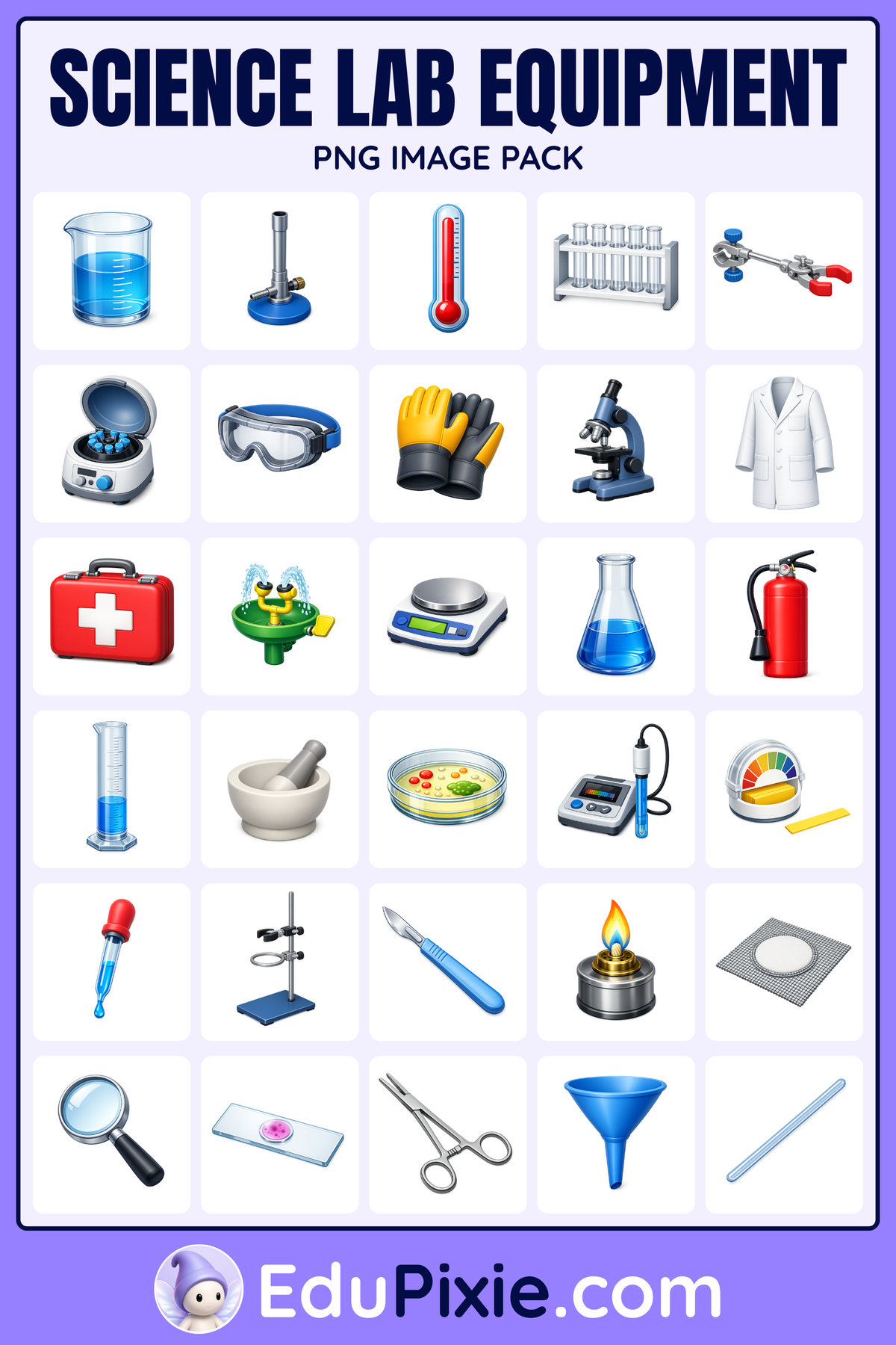 Science lab equipment PNG clipart pack with 3D laboratory images