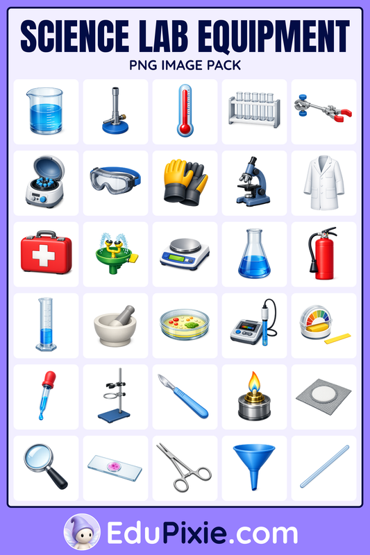 Science lab equipment PNG clipart pack with 3D laboratory images