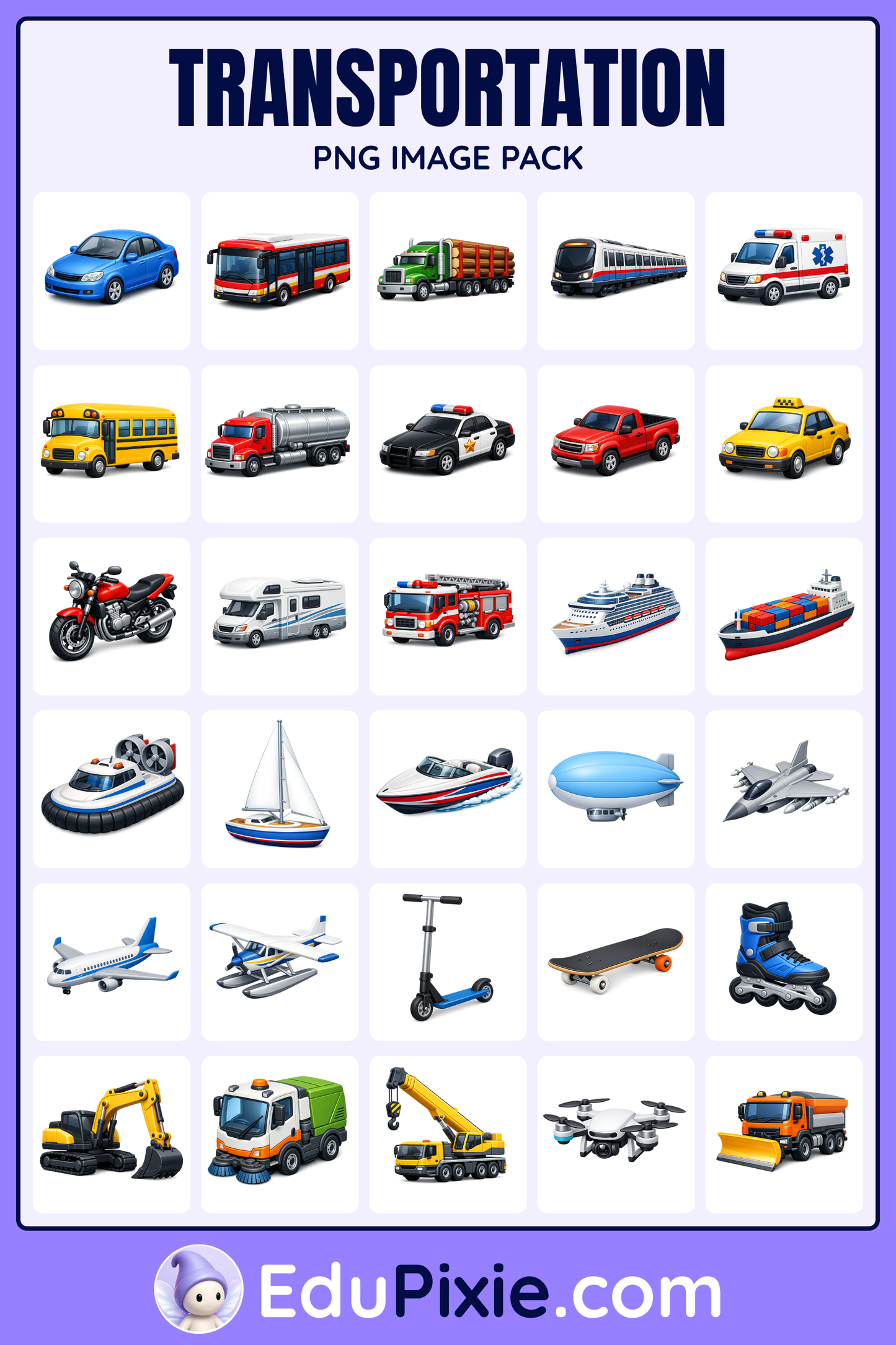 Modern 3D transportation vehicle PNG image pack cover with transparent vehicle illustrations including cars, buses, trains, boats and aircraft