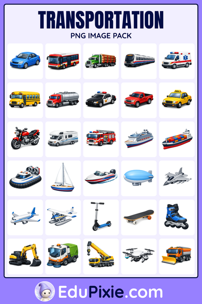 Modern 3D transportation vehicle PNG image pack cover with transparent vehicle illustrations including cars, buses, trains, boats and aircraft